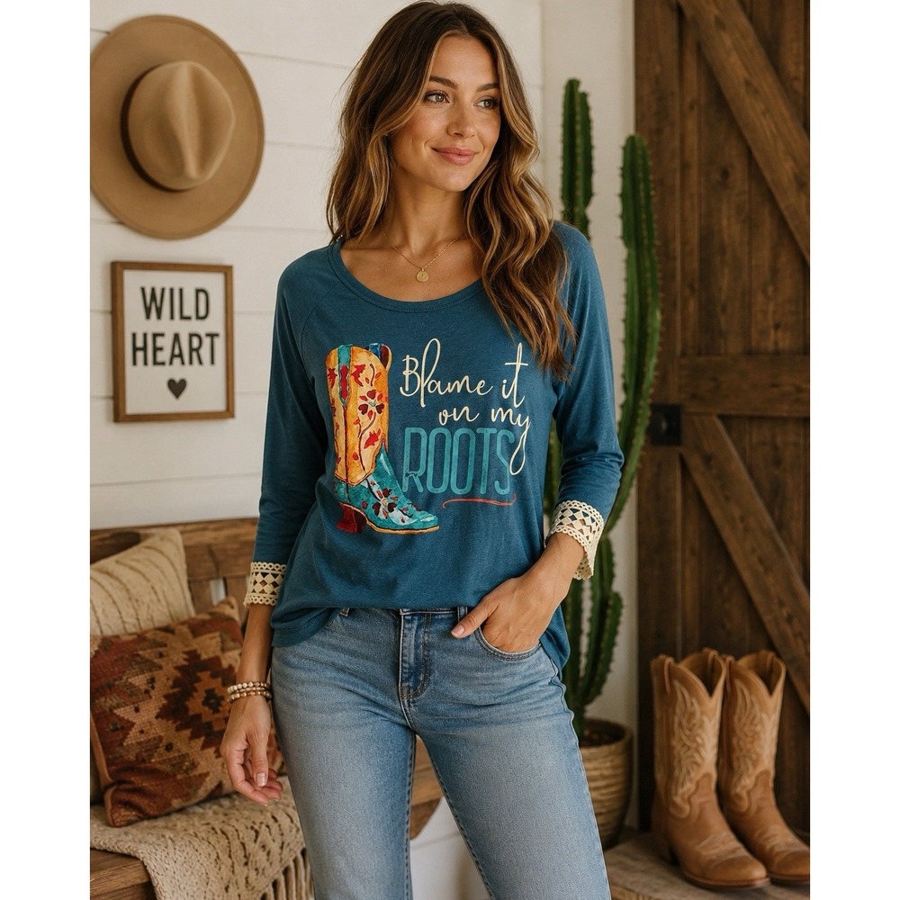 Wanderer Southern Grace M Blame It On My Roots Cowboy Boots Lace Sleeve Top